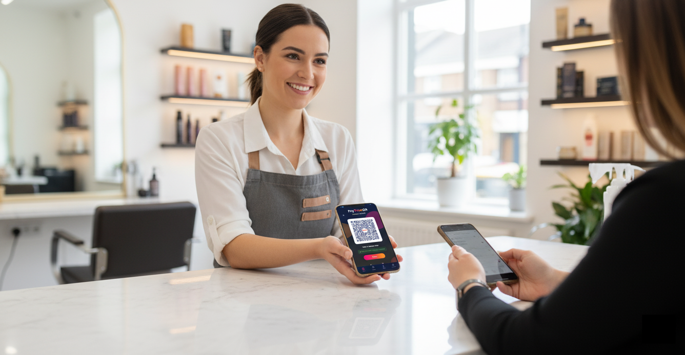 Merchant presenting PayTrueQR code to customer